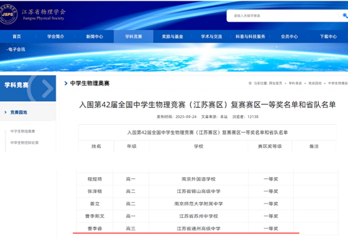 喜报：我校曹李睿同学获第42届全国中学生物理竞赛（江苏赛区）一等奖