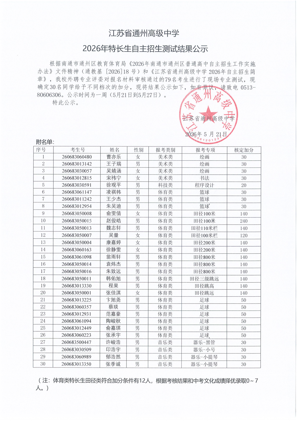 2026特长生考试结果公示_01
